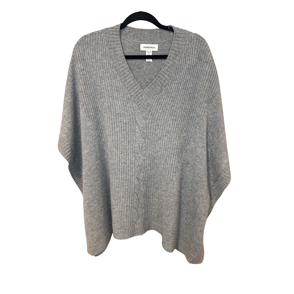 Nordstrom Grey Wool Cashmere Cable Knit V-Neck Poncho Sweater One Size - Picture 2 of 8